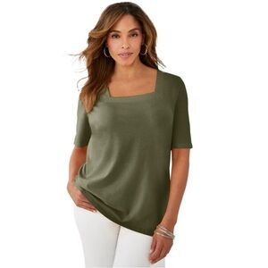 NWT Denim & Co. Olive Square-Neck Short Sleeve Top